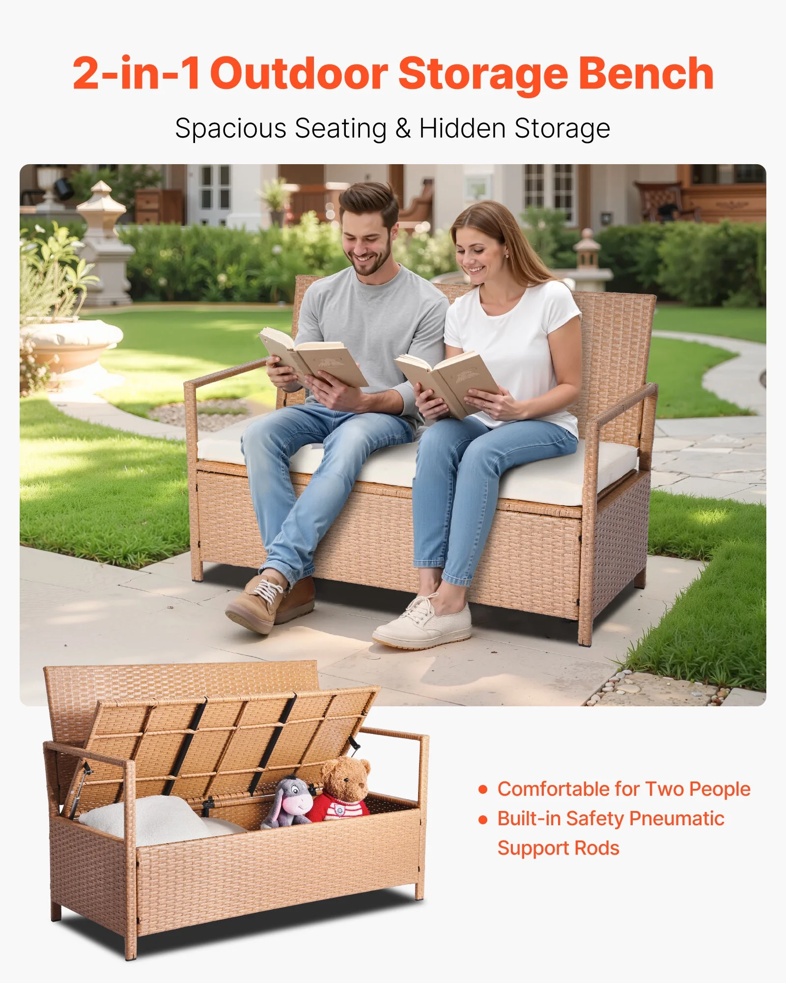 VEVOR Outdoor Storage Bench, 2-Person PE Rattan Storage Bench, 70 Gal Deck Box with Cushion, Supports up to 265 lbs, Weatherproof Outdoor Seating & Porch Decor for Patio Garden Balcony Yard - Image 2