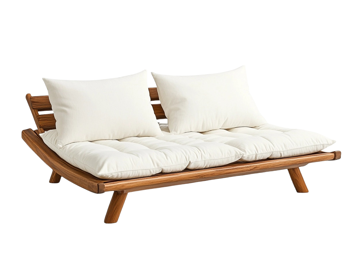 Sofá de madera con cojines blancos