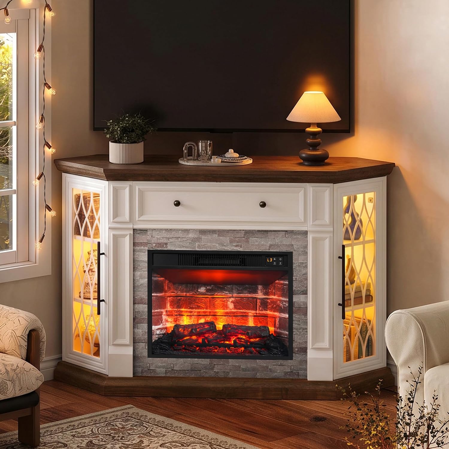 HolliWill 56" Corner Fireplace TV Stand with Outlet/LED Lights, White/Brown - image 2
