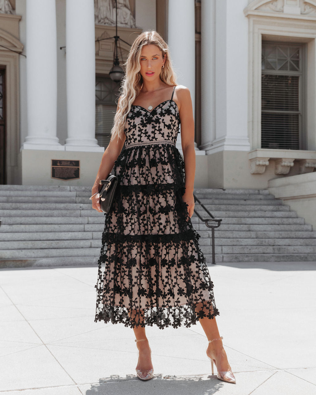 Pascal Tiered Crochet Lace Midi Dress - Black - Se7enfashion