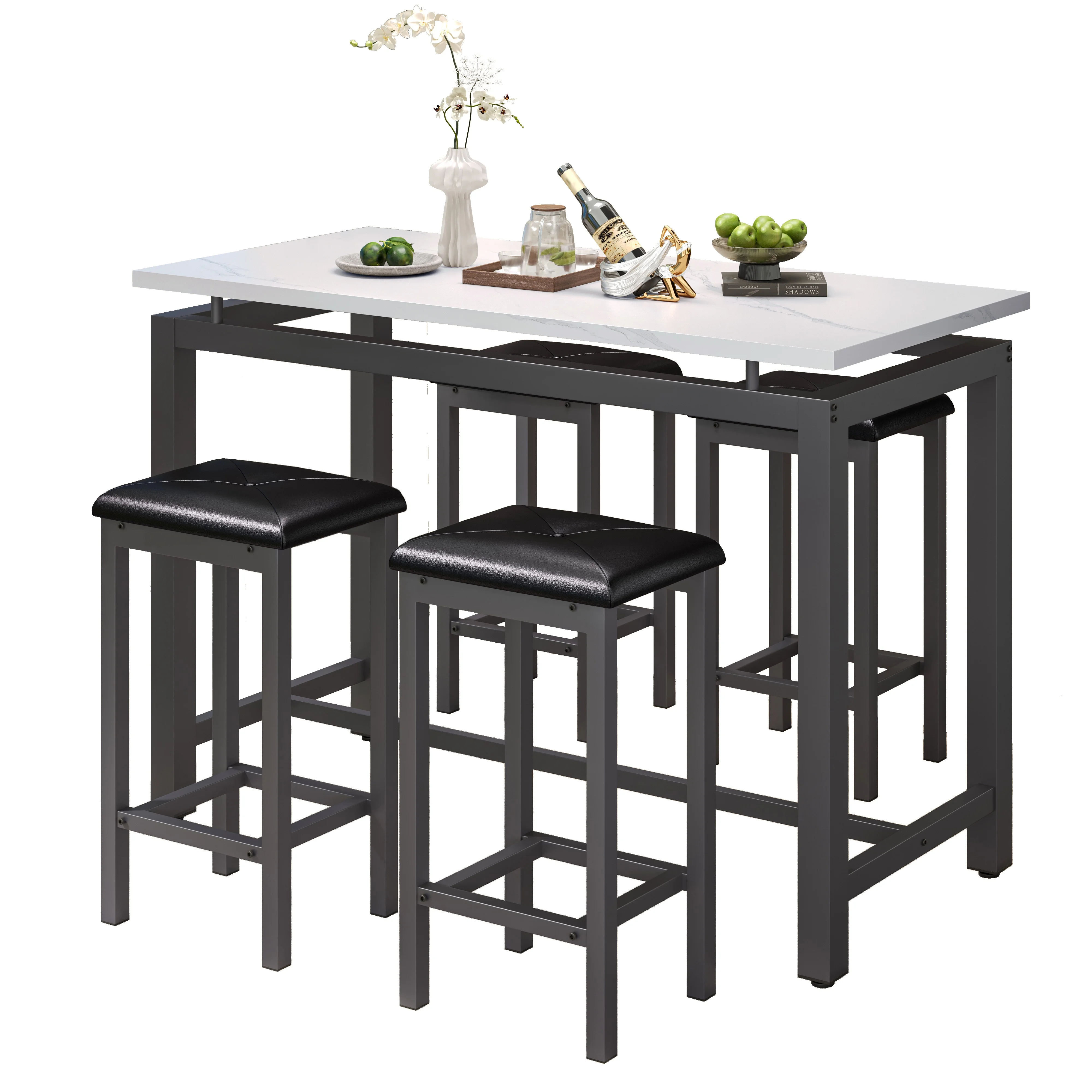 Counter Height Table Set of 5, Breakfast Bar Table and Stool Set, Minimalist Dining Table with Backless Stools, Wood Top Pub Table & Chair Set for Kitchen Apartment Bistro - Space Saving - Image 8