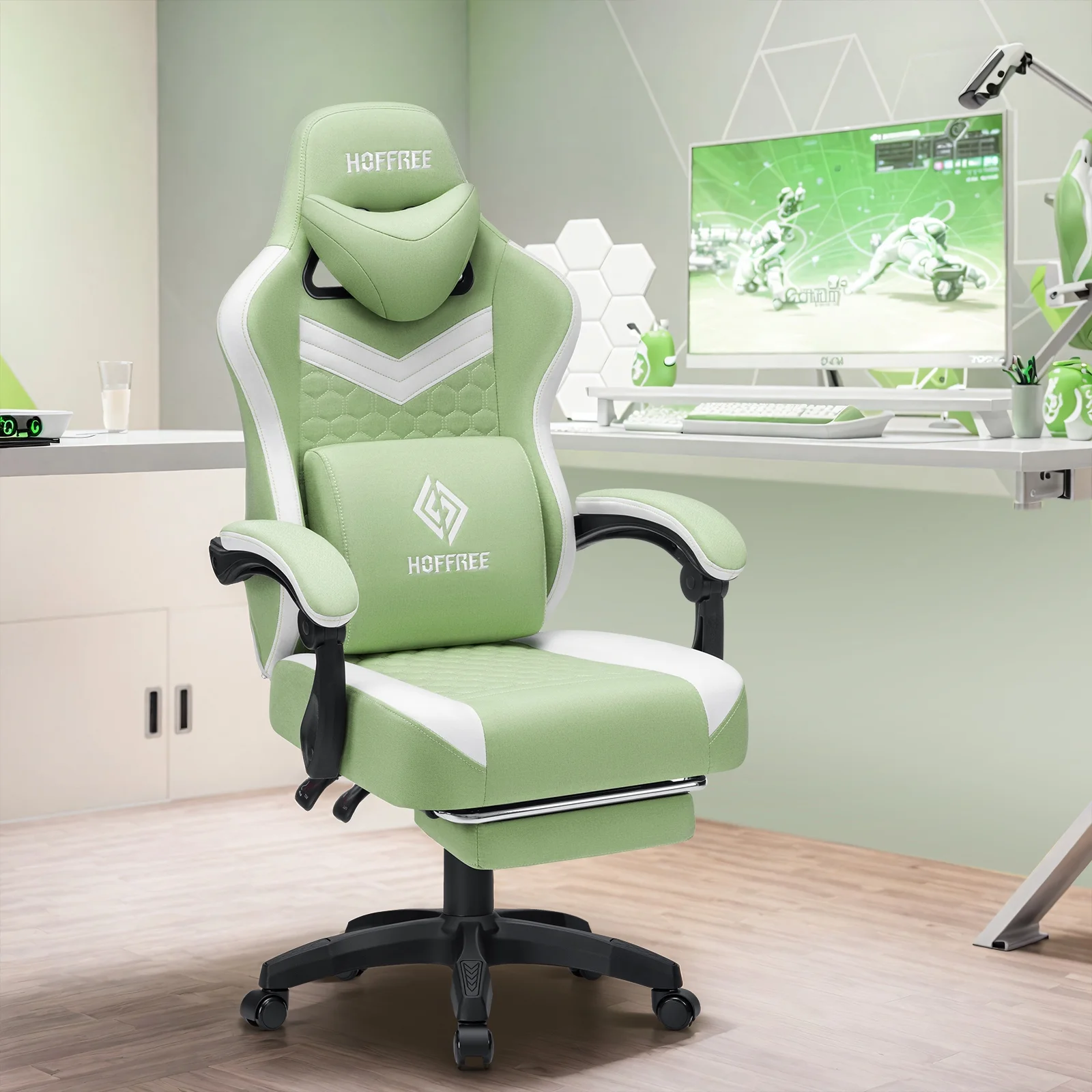 Hoffree Gaming Chair with Massage Fabric Office Chair with footrest for Adults, Ergonomic Gamer Chair with Headrest and Lumbar Support for Office Gaming, 440 LBS - Image 17