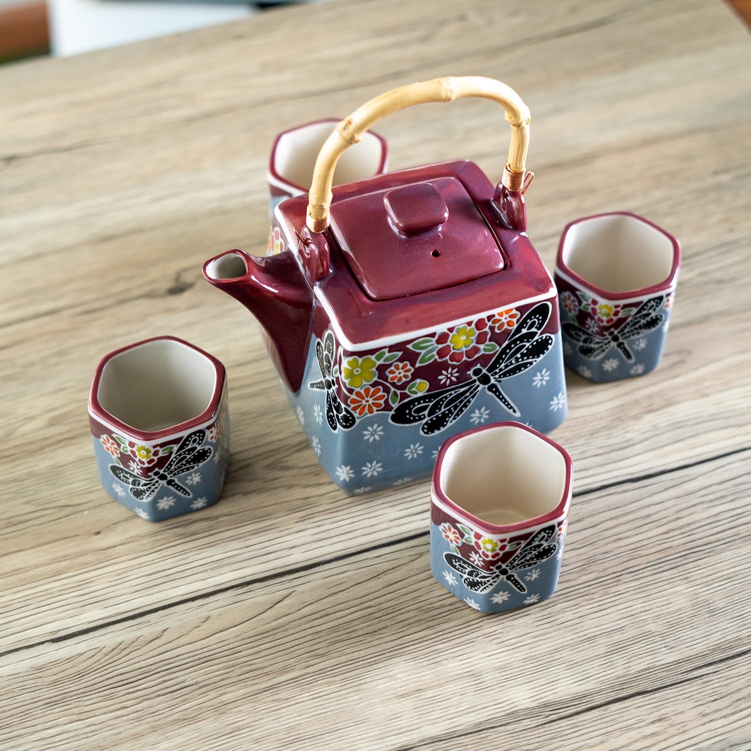 Urban Tokyo Japanese Style Cube Shape 20oz Porcelain Tea Set Teapot with Strainer, Wooden Handle and 4 Hexagon Tea Cups, Dragonfly Tombo Floral Design