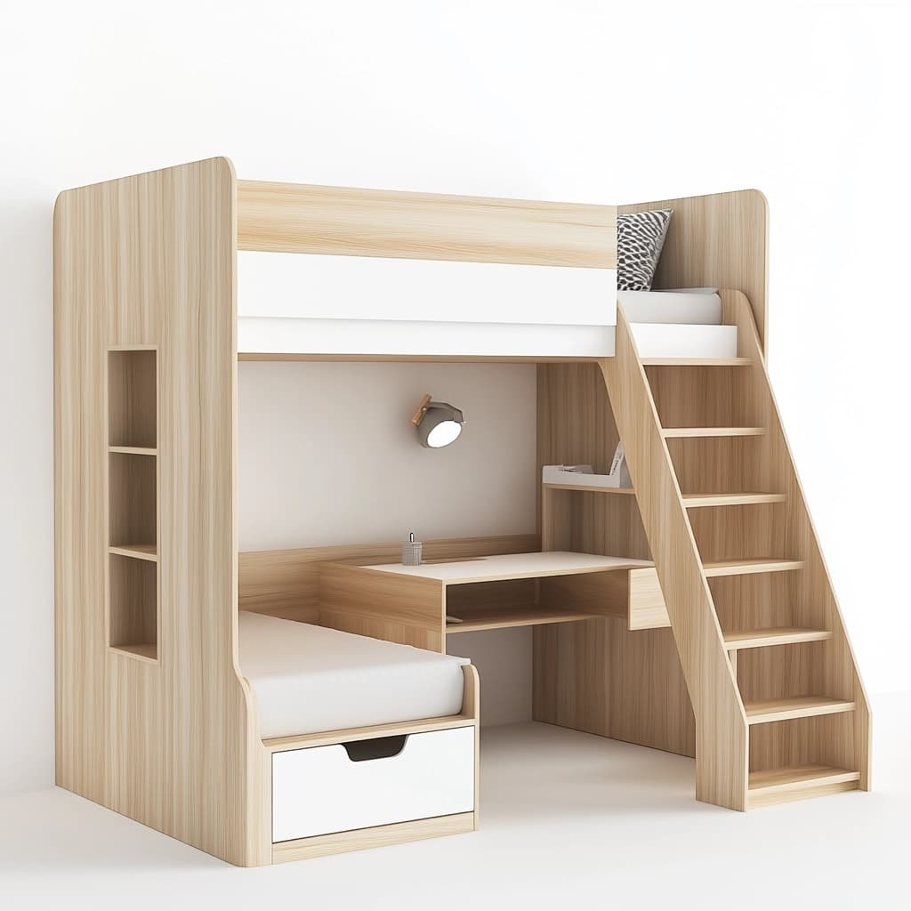 Litera Madera Cama Alta Mesa Estantes Escalera Natural Blanca