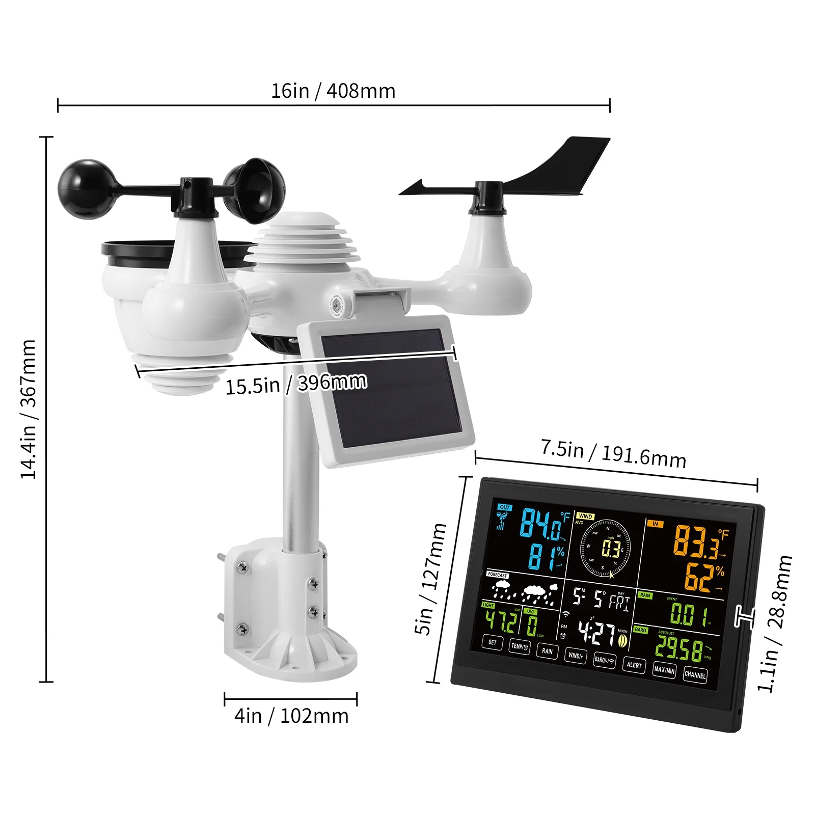 BENTISM 7 in 1 Wi-Fi Wireless Weather Station, for Indoor and Outdoor Temperature and Humidity, Wind Speed/Direction, Rainfall, with Built-in Barometer and 7.5in Digital Color Display - Image 8