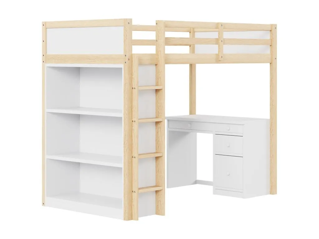 Cama alta de 90 x 200 cm con armarios de almacenamiento y mesa para ordenador, cama alta multifuncional para niños en madera natural bow3567118