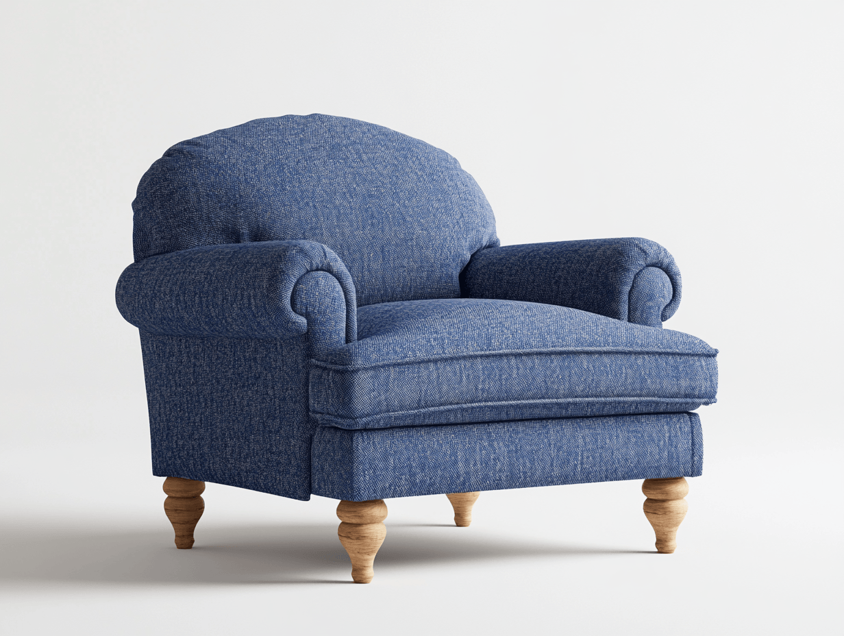 Sofá de tela azul con patas de madera para sala de estar y lectura