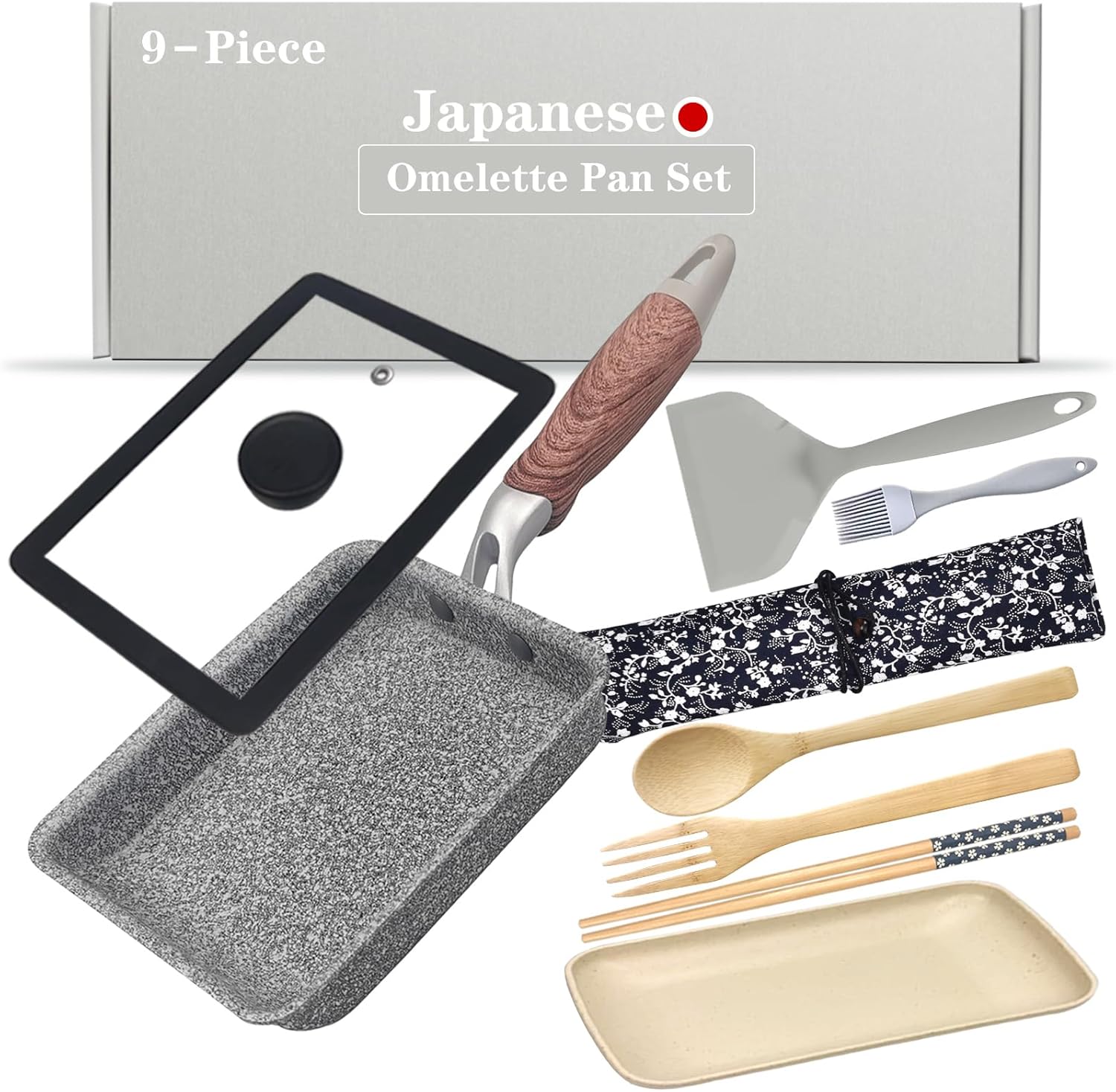 9Pcs Tamagoyaki Pan Set, Japanese Omelette Pan Nonstick with Lid, Square Japanese Egg Skillet Rectangle 7