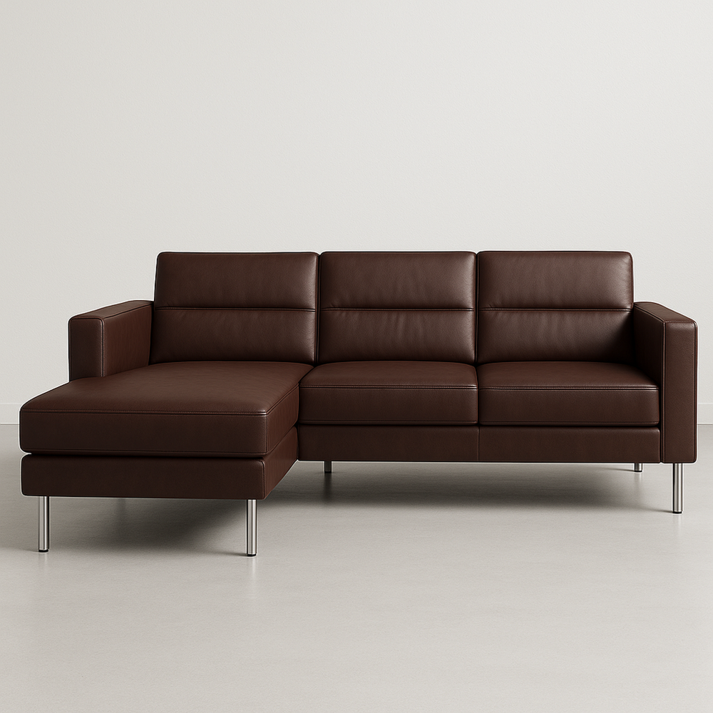 Sofá Seccional de Piel Sintética Marrón con Chaiselongue Izquierdo y Patas de Acero Inoxidable, 250 x 150 x 85 cm