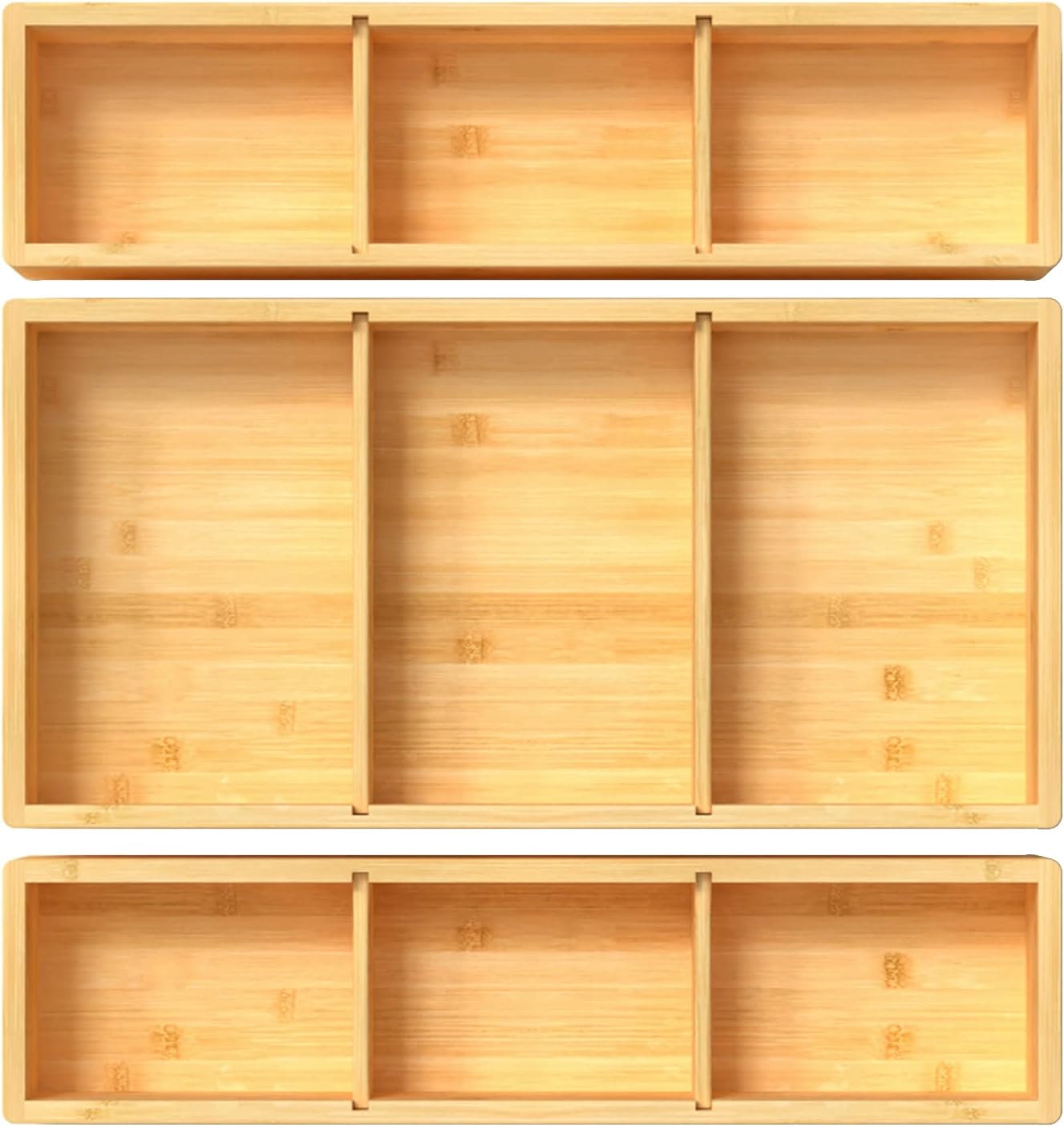 DUJEN Bamboo Drawer Organizer 12.5'' X 12.5'' X 2'', Adjustable 3 Individual Junk Drawer organizer for Bathroom and Kitchen, Wood Drawer Tea Organier Boxes for Silverware, Make up and Tea Bag