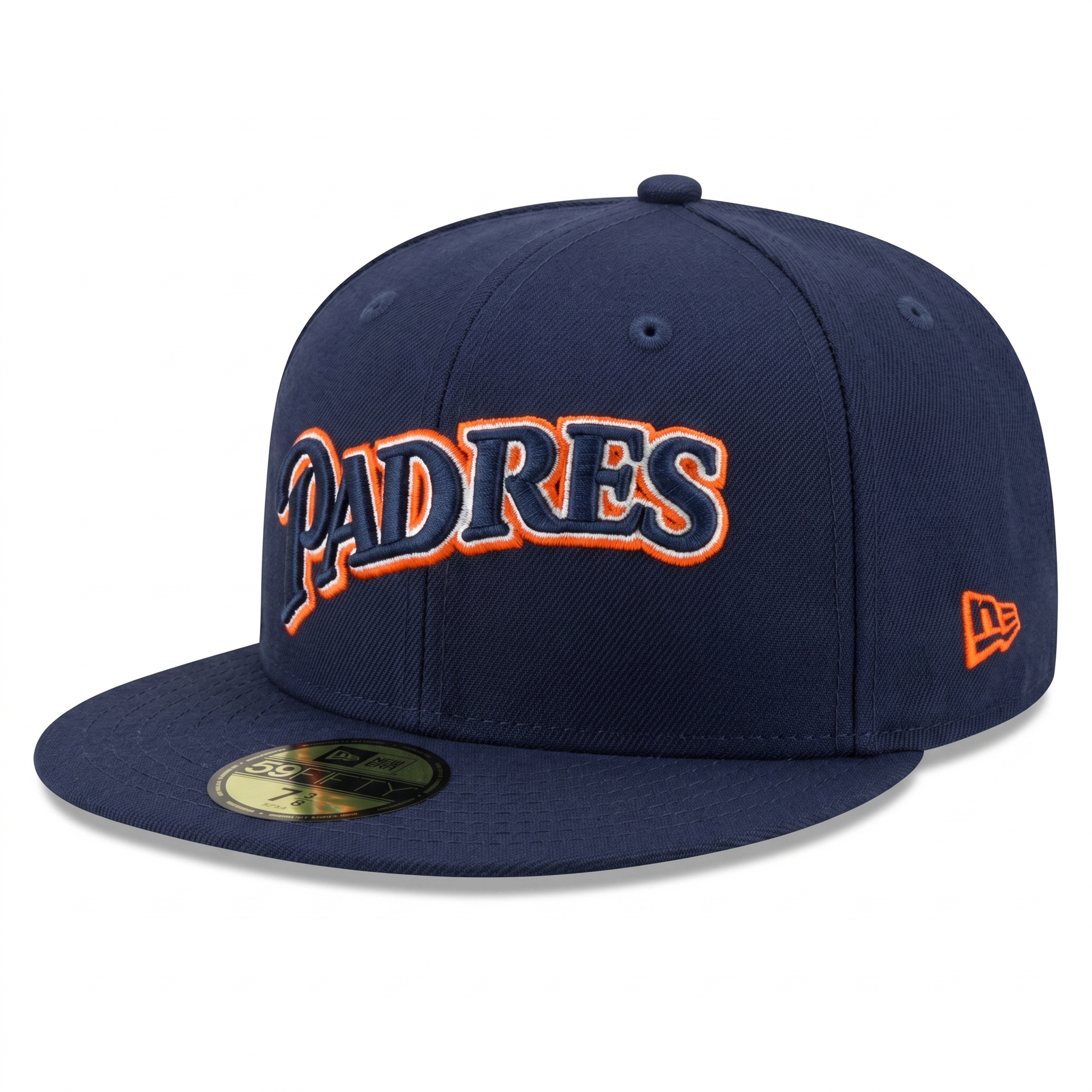 Front and left-side view of the San Diego Padres New Era fitted hat in navy blue, displaying the orange-outlined Padres logo and the iconic New Era flag embroidery