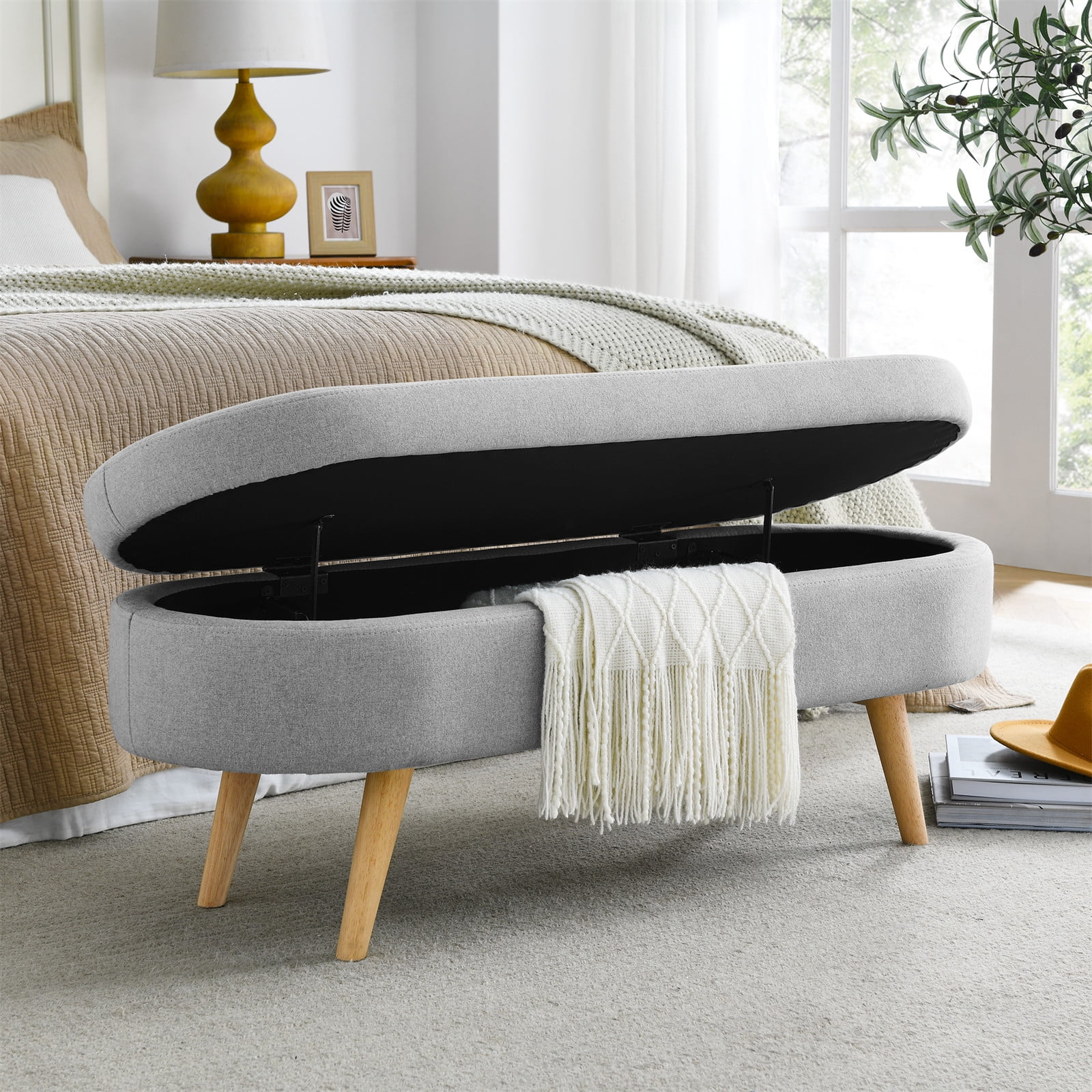 43.5" Oval Storage Ottoman Bench with Solid Wood Legs, Linen Fabric Upholstered Entryway Bench with Safety Hinge, Indoor Bench for End of Bed, Sofa Side, Entryway - Image 15