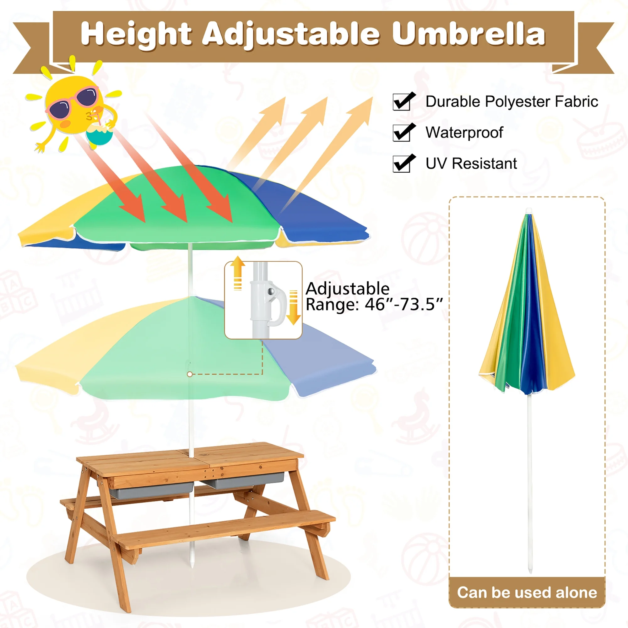 Costway 3-in-1 Kids Picnic Table Wooden Outdoor Sand & Water Table with Umbrella Play Boxes Green - Image 9