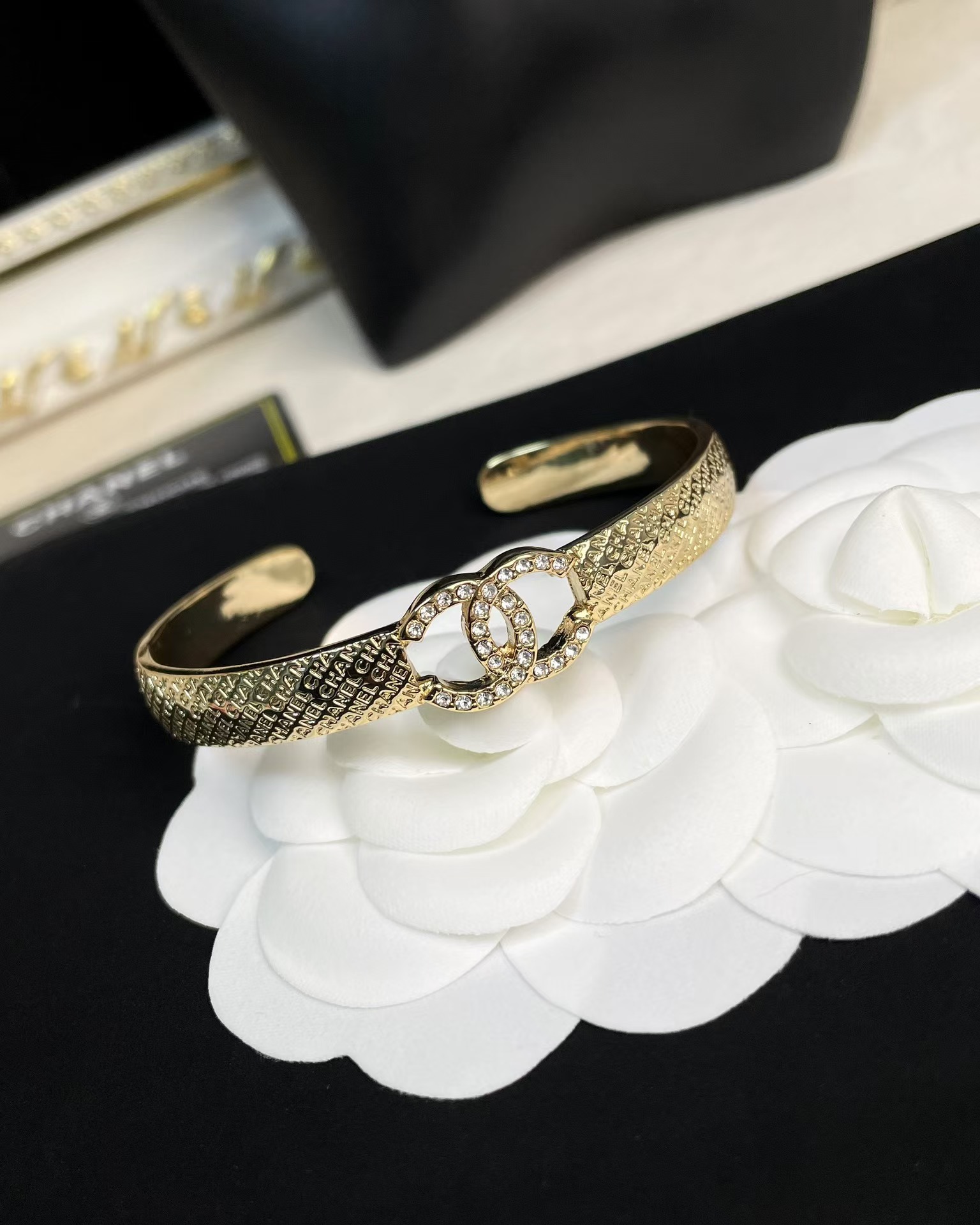 Chanel Hollow Diamond Paved Double C Open Bangle Bracelet - Original Replica Club