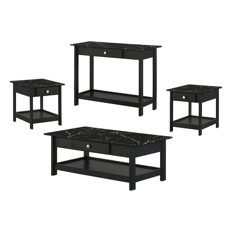 Denhour DH BASIC 4-Piece Open-Shelf Coffee Table Set with Drawer in Transitional Rubberwood