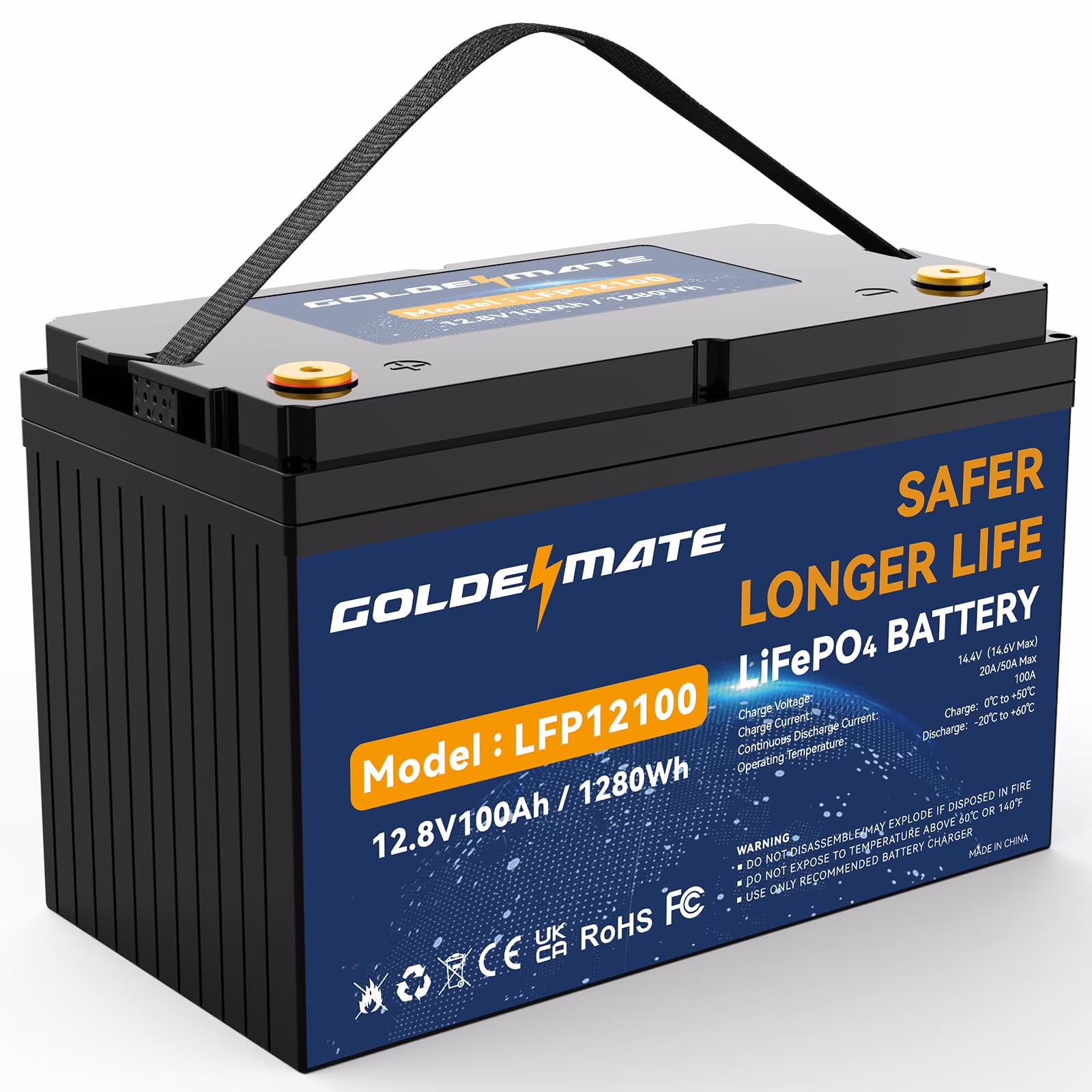 12V 100ah LiFePO4 Lithium Battery, 100A BMS, 15000+ Deep Cycles, GOLDENMATE Battery for RV, Solar, Marine, Trolling Motor, Golf Carts, Backup Power(1)