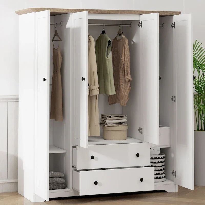 Freestanding 4-Door Wardrobe Armoire with 2 Drawers and Hanging Rods for Clothes Storage