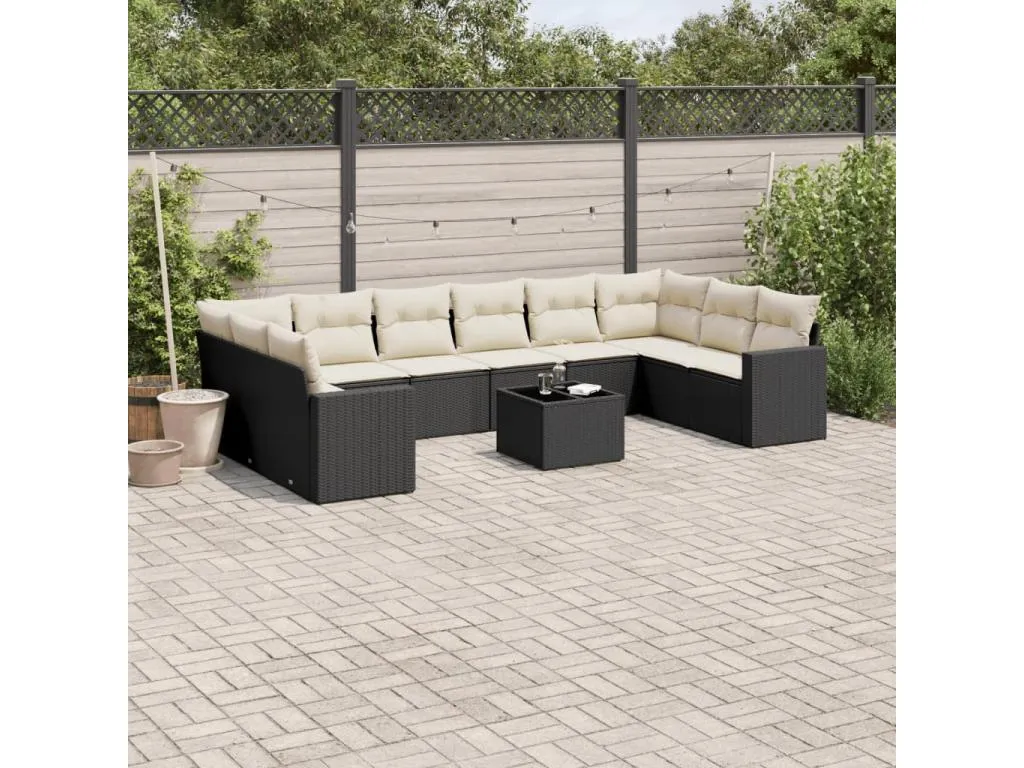 Set de sofás de jardín 11 piezas y cojines ratán sintético negro