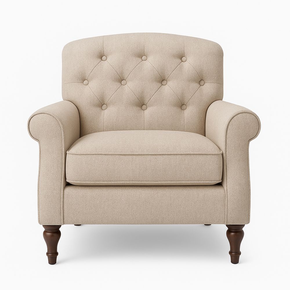 Sofá individual tapizado en tela beige,estilo clásico,asiento cómodo,patas de madera,ideal para sala de estar