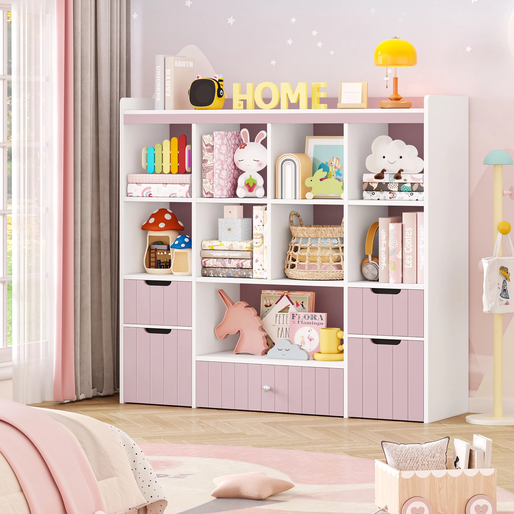 Homfa Kids Toy Storage Organizer with Cubby, Kids Toy Storage Chest with Removable Drawers, Kids Bookcase for Playroom Bedroom Living Room, Pink - Image 7