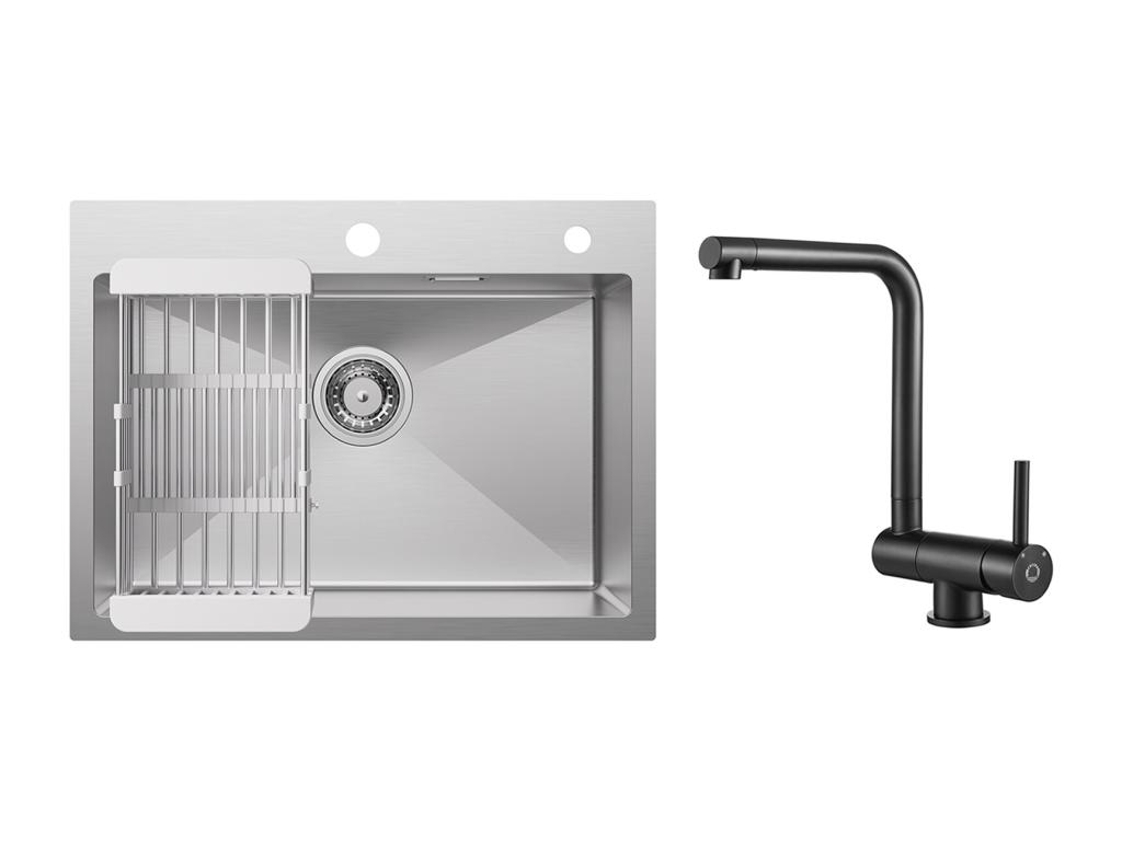 Fregadero de cocina de 1 seno, fregadero de acero inoxidable cepillado de 60×45×18CM con cesta de drenaje + grifo mezclador de cocina plegable negro