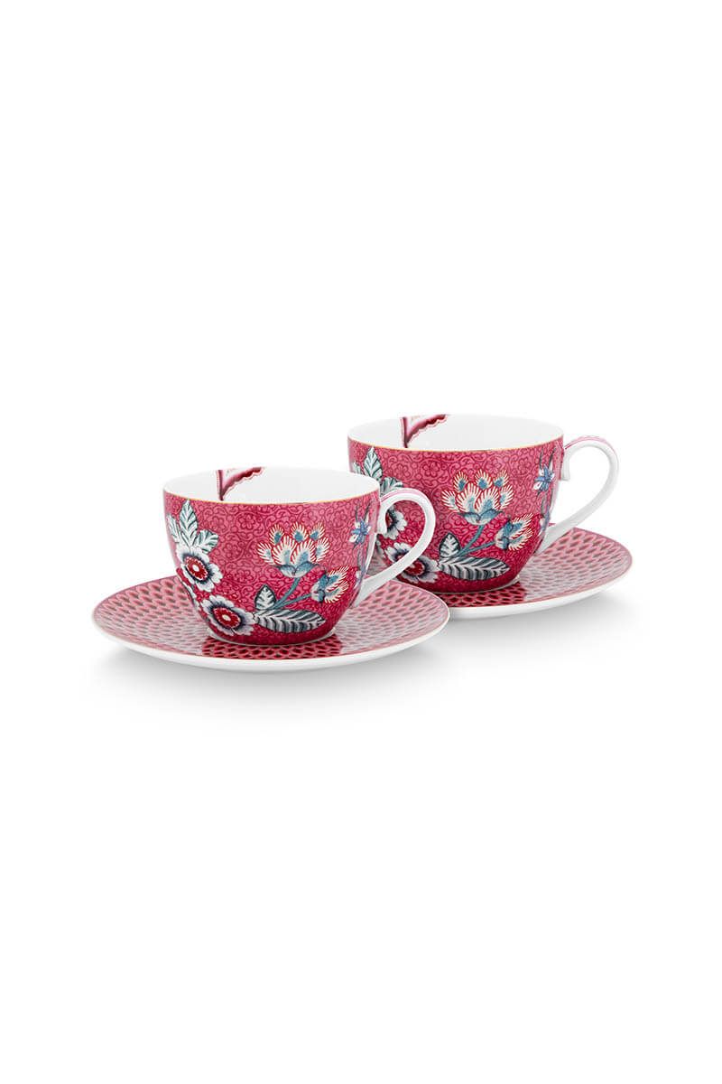 Set/2 Cups & Saucers Flower Festival Dark Pink