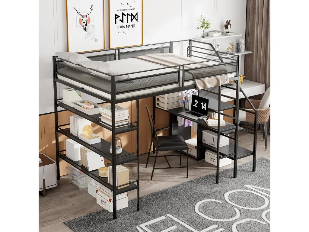 Cama alta 140x200 cm con escritorio armario estantes y escalones de almacenamiento - Luxmbls - para niños - Negro (sin colchón) GULL55077