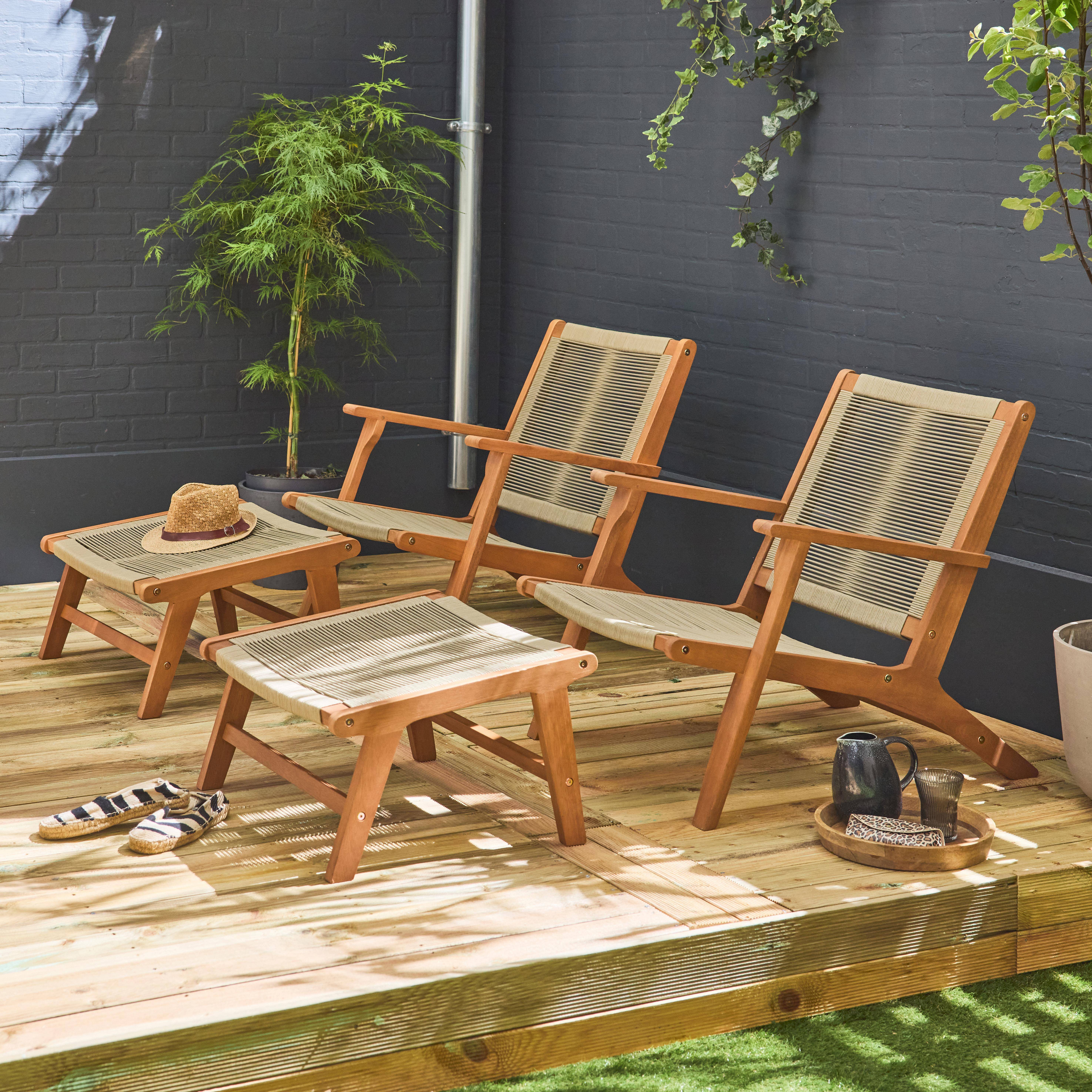 Cuzco x2 - Silla de jardín de madera y cuerda con reposapiés, set de 2