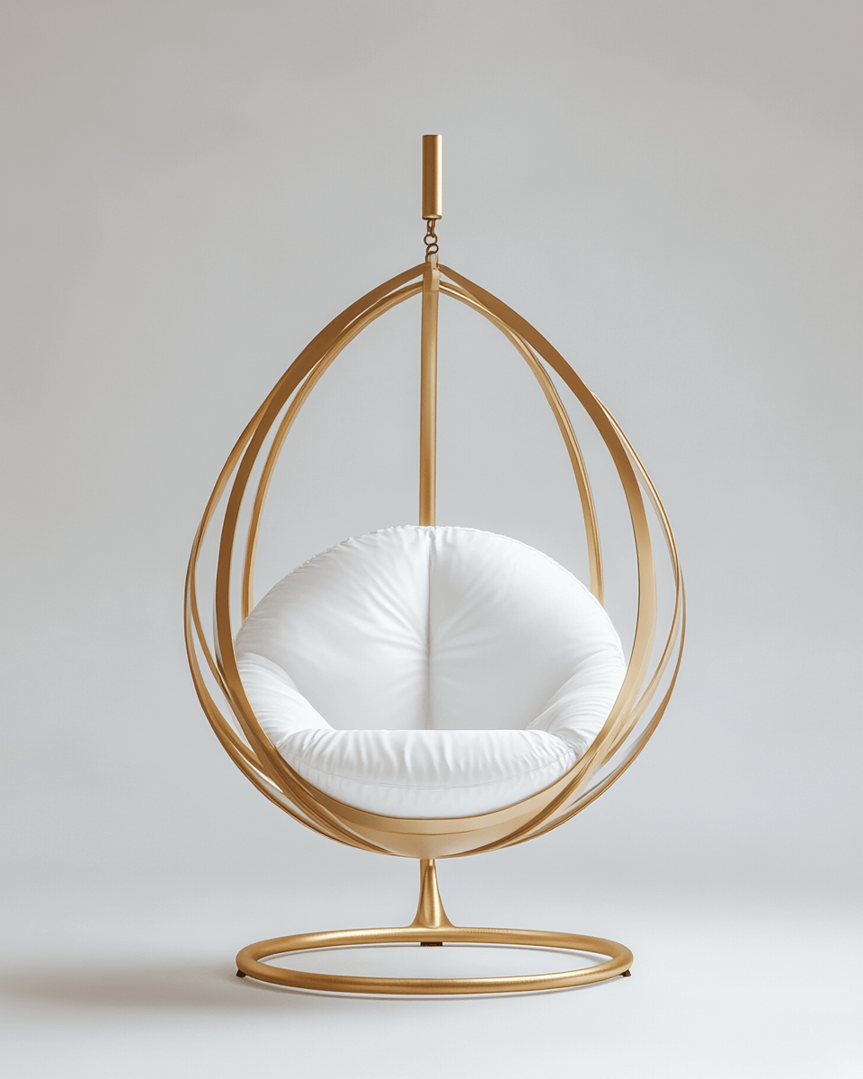 Silla colgante con base metálica dorada – cojines blancos – estructura moderna decorativa