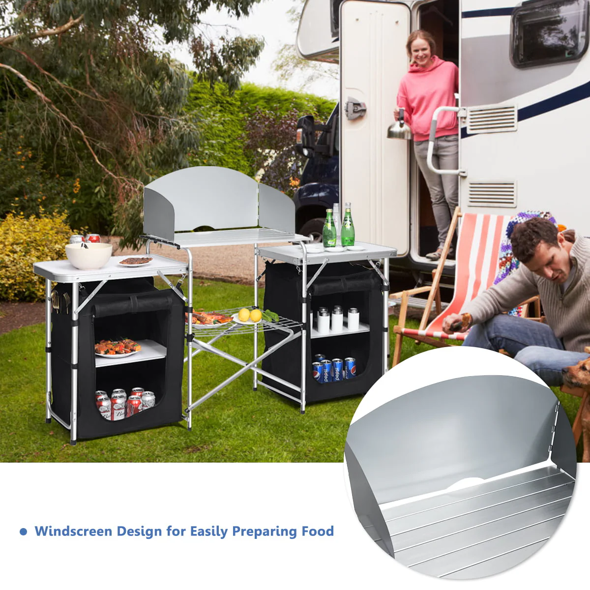 Goplus Folding Portable Aluminum Camping Grill Table w/ Storage Organizer Windscreen Black - Image 5