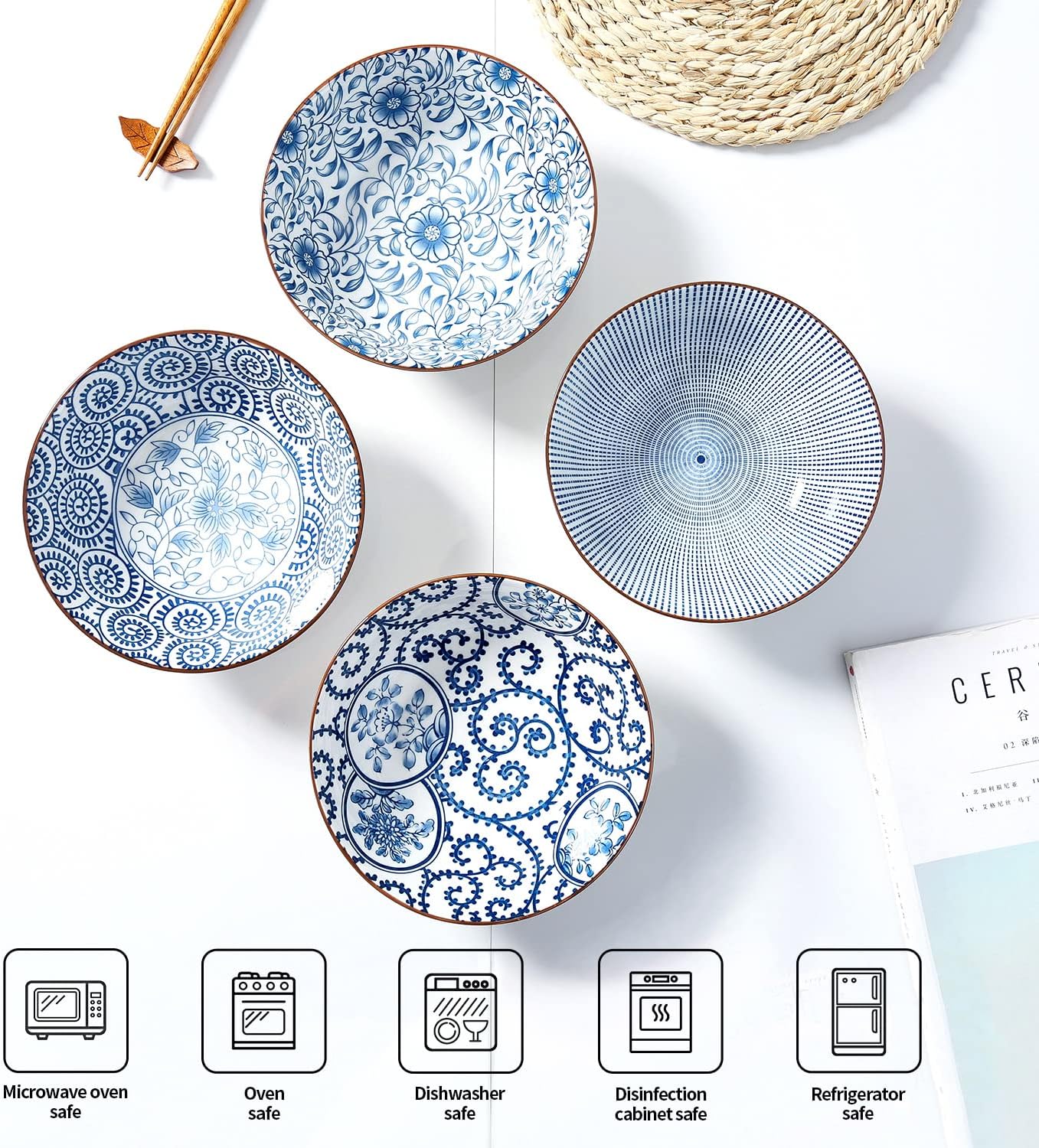 Ramen Bowls Set of 4, 40 oz Ramen Bowls, 8 Inch Ceramic Noodle Bowls for Pho, Soup & Udon, Blue and White Japanese Style, Microwave & Dishwasher Safe