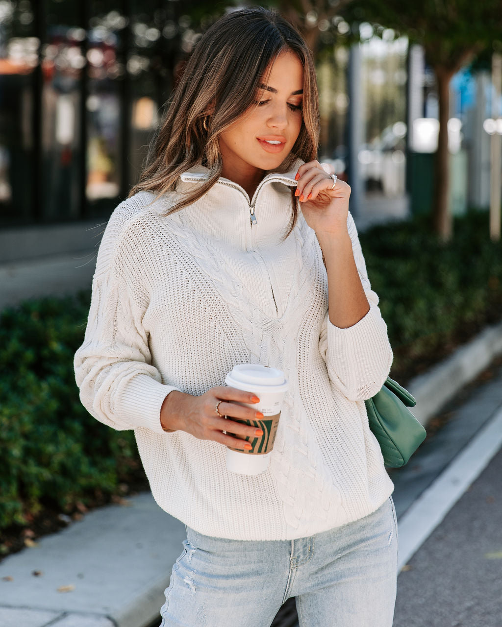 Keller Cable Knit Half Zip Pullover Sweater - Ivory - Se7enfashion