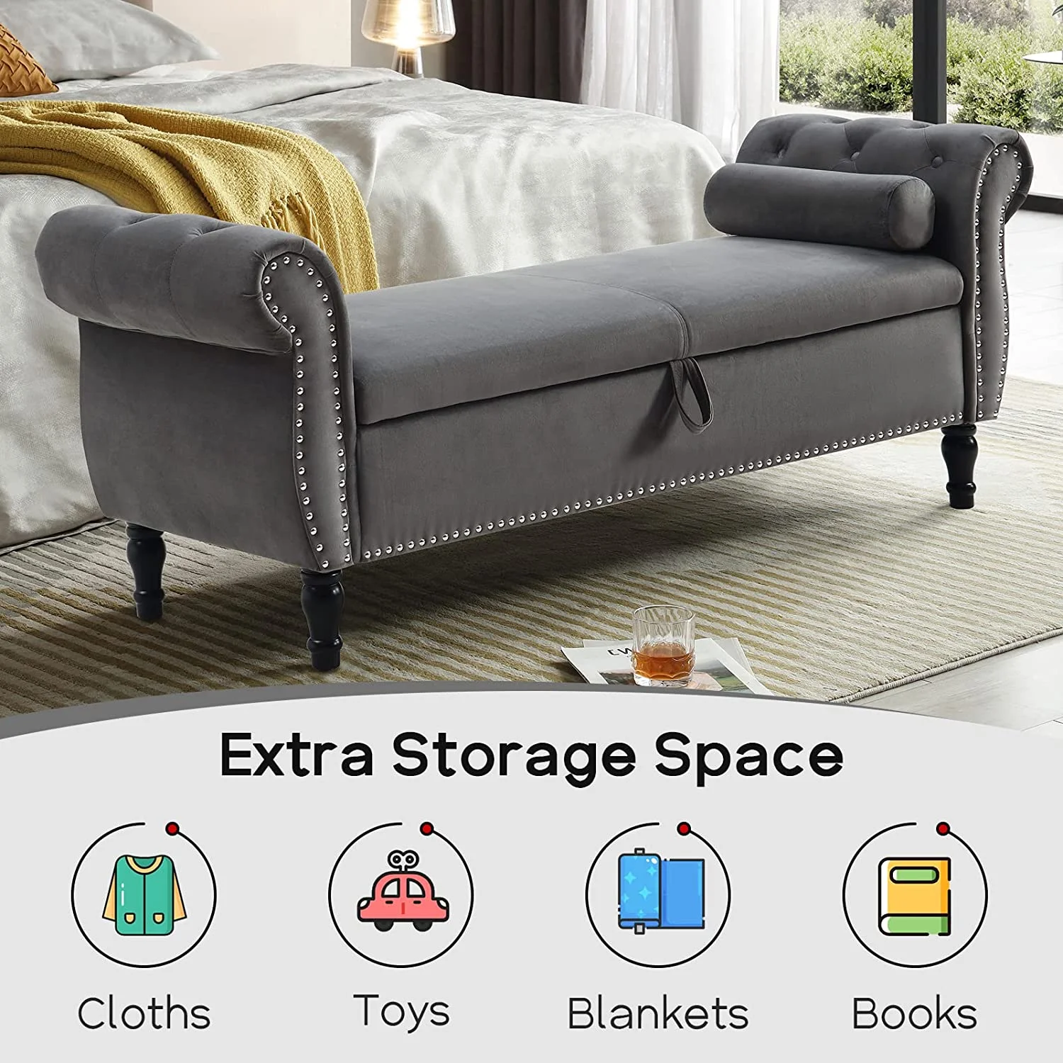 Sumdeal 43.5" Storage Ottoman Bench with 250lb Seating, Linen Upholstered Wood Legs Safety Hinge Flip Top Oval Foot Rest Long Stool for Sofa Couch Bedroom End of Bed Living Room Entryway, White - Image 101