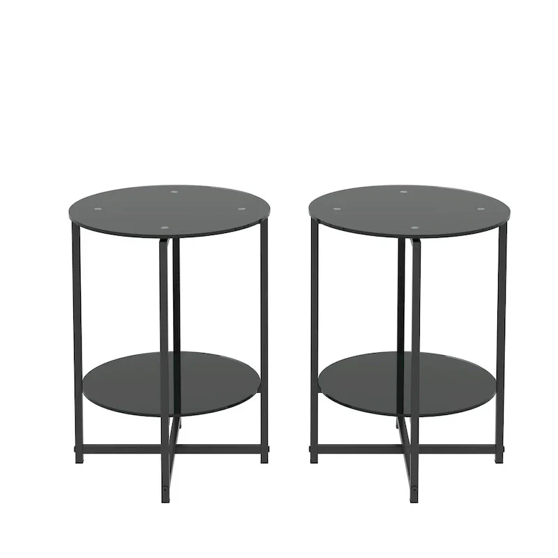 Black 2-Piece Tempered Glass End Table Set - Round Coffee Table for Bedroom, Living Room, and Office