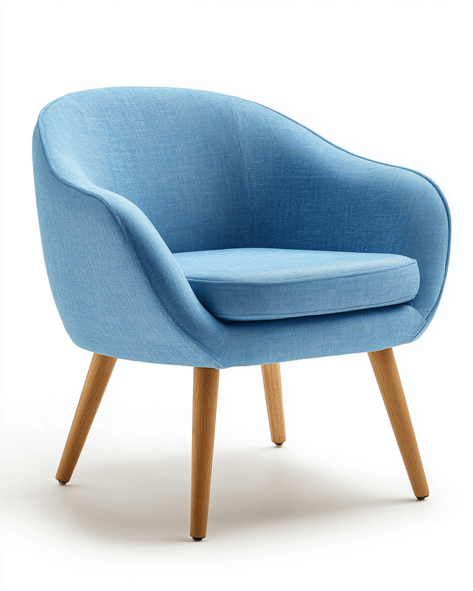 Sillón tapizado en tela azul claro – patas de madera – estilo escandinavo