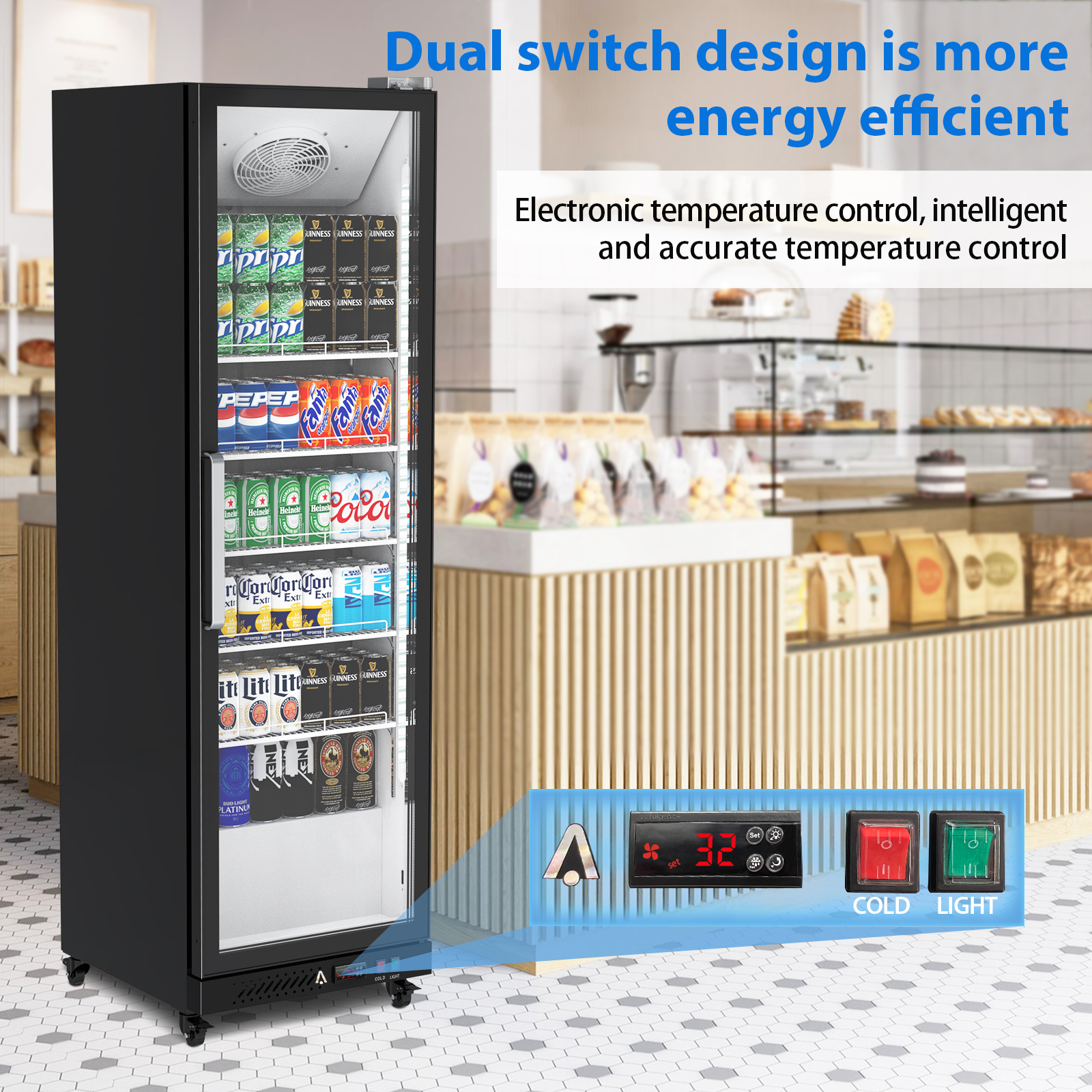 Garvee Commercial Refrigerator,12.4 Cu.ft Display Fridge Merchandiser Upright Beverage Cooler,Single Glass Door Fridge with Adjustable Shelves & LED Lighting,Black - Image 5