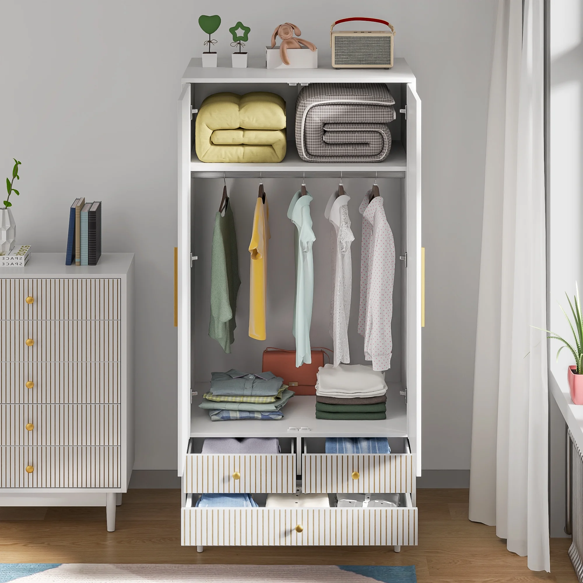 Oubayajia Wardrobe Armoire Closet, 2 Fluted Doors Wardrobe Cabinet with 3-Drawer and Hanging Rod, Wood Wardrobe Storage for Bedroom - Image 19