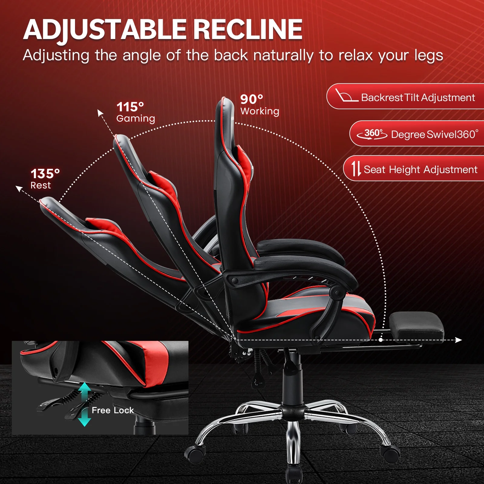 JONPONY Big and Tall 500LBS Gaming Chair, Ergonomic Design, Gamer Chair PU Leather with Footrest and Lumbar Support, High Back Office Chair Support 8 Hours Long Sitting,Red Computer Chair,Red - Image 53