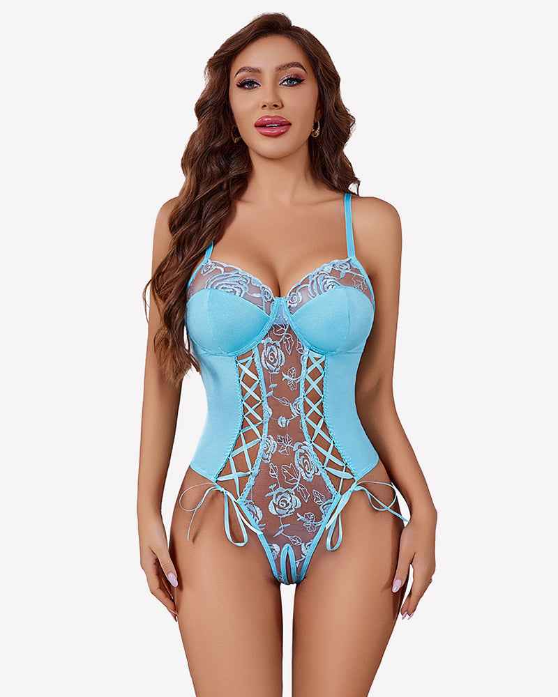 Lace Up Front Crotchless Bodysuit