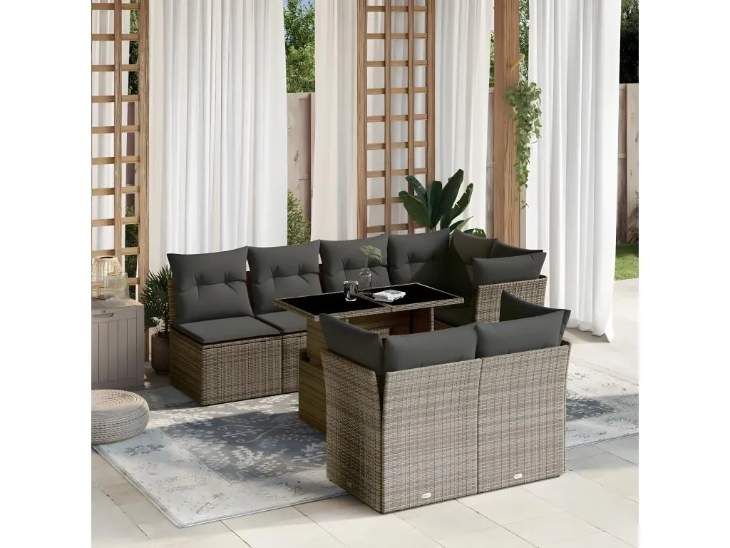 Set de sofás de jardín y cojines 8 piezas ratán sintético gris