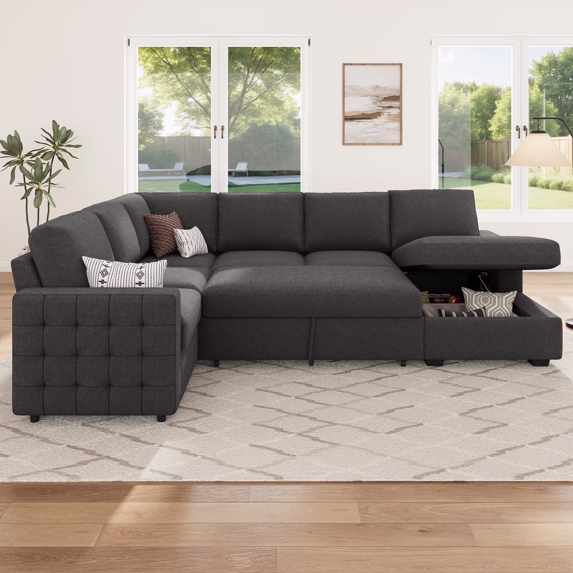 HONBAY Modular Sectional Pull-Out Sofa Bed with Storage Velvet U-Shaped Convertible Sleeper Sofa for Living Room, Blue - Image 9