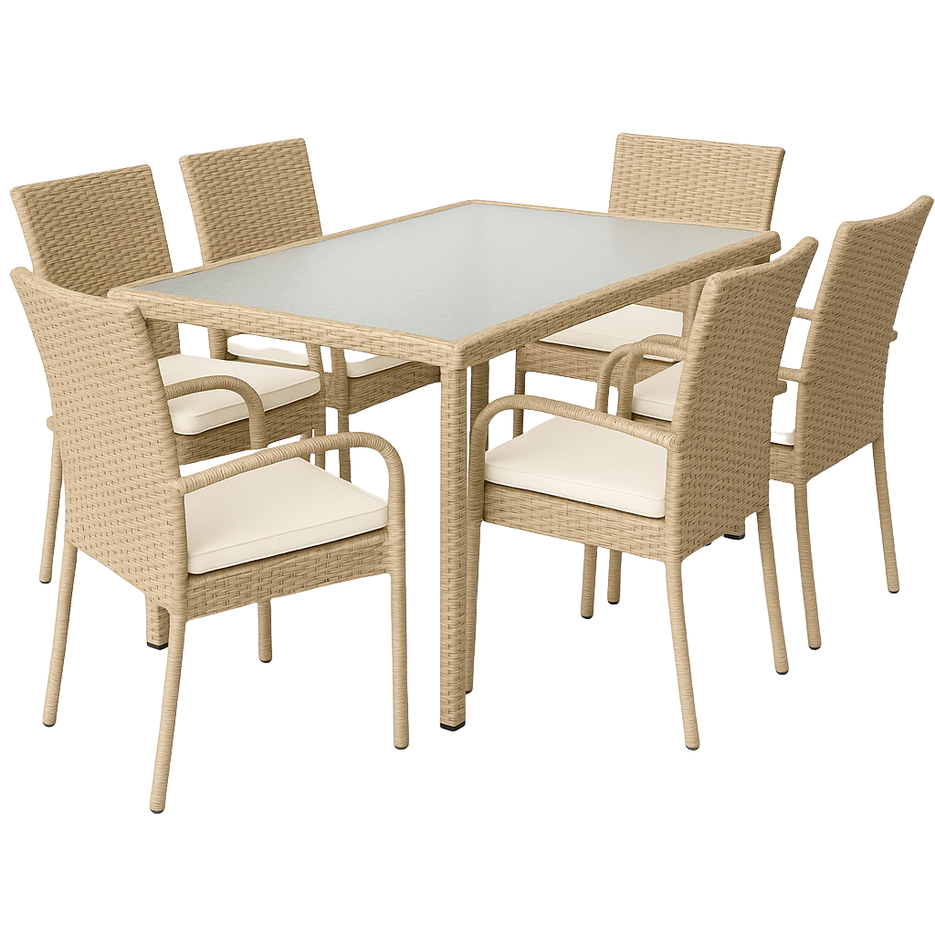Conjunto de jardín exterior de 7 piezas con mesa y sillas de ratán beige