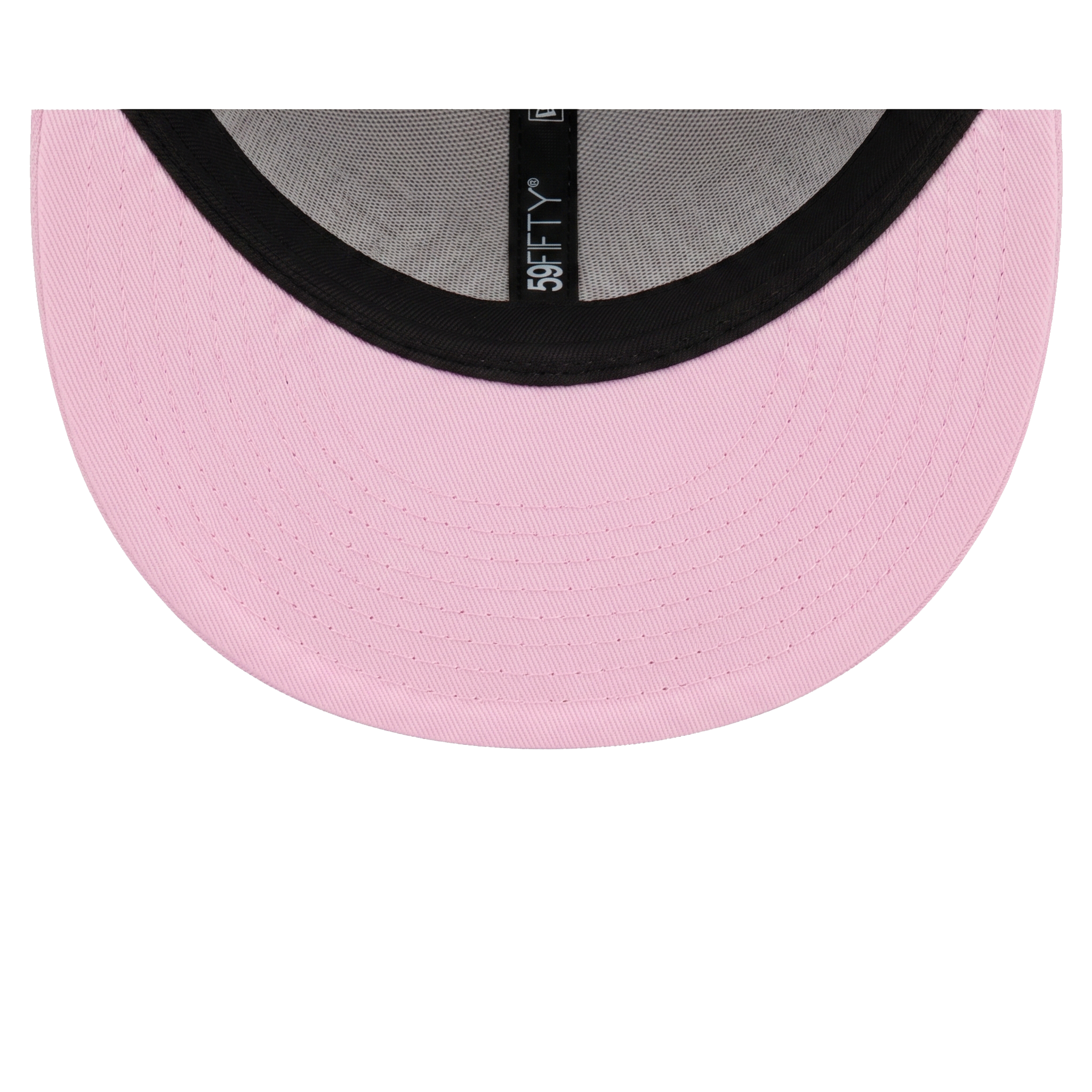 Close-up of the pink undervisor and black interior sweatband on the New Era Los Angeles Dodgers 59FIFTY fitted hat.