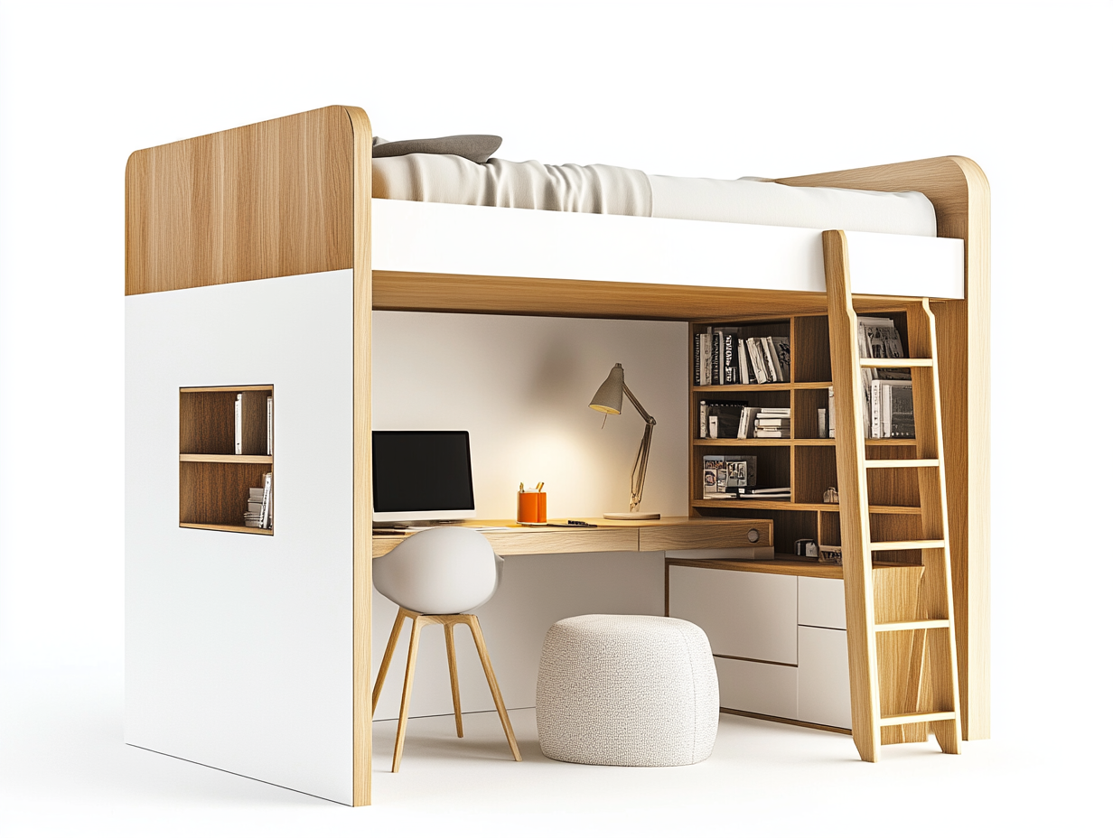 Cama Alta Multifuncional Blanco y Madera MDF para Dormitorio Juvenil 205x150x180 cm