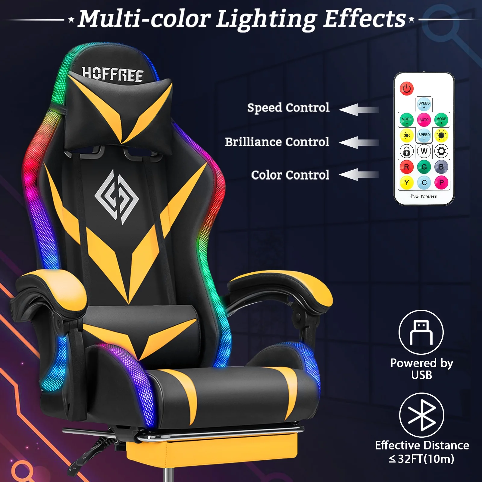 Hoffree Gaming Chair with Speakers PU Leather Office Chair with Footrest and LED Lights Ergonomic Gamer Chair with Massage Lumbar Support and Headrest Adjustable Swivel for Home Office 300lb - Image 32
