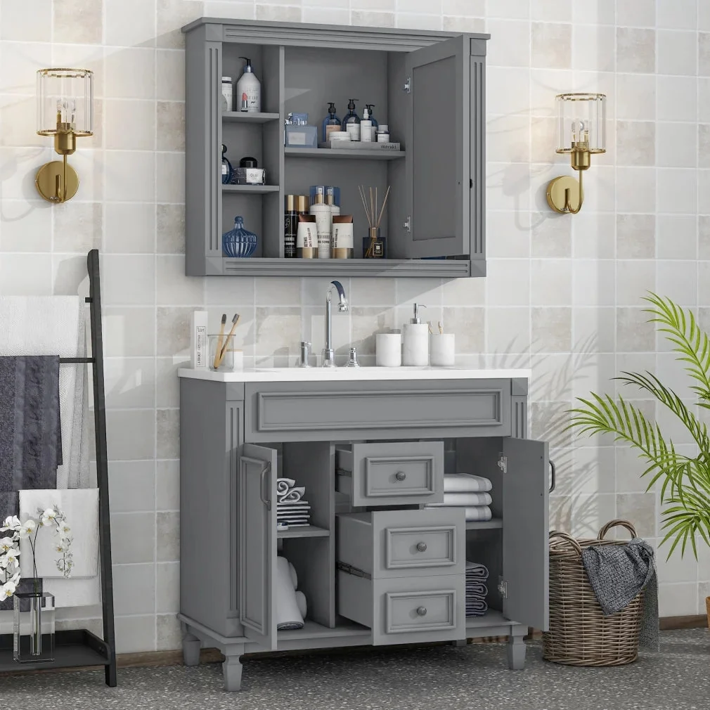 36'' Bathroom Vanity Set With Ceramic Sink Top, Mirror Cabinet, 2 Doors And 2 Drawers - Gray - Image 4 36'' Bathroom Vanity Set With Ceramic Sink Top, Mirror Cabinet, 2 Doors And 2 Drawers - Gray - Image 4