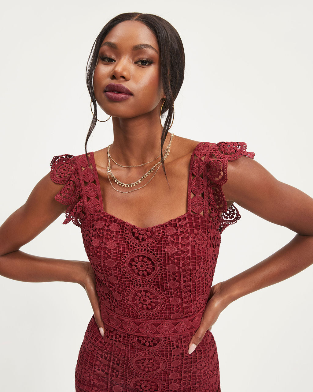 Dare To Be You Crochet Lace Ruffle Midi Dress - Wine - Se7enfashion