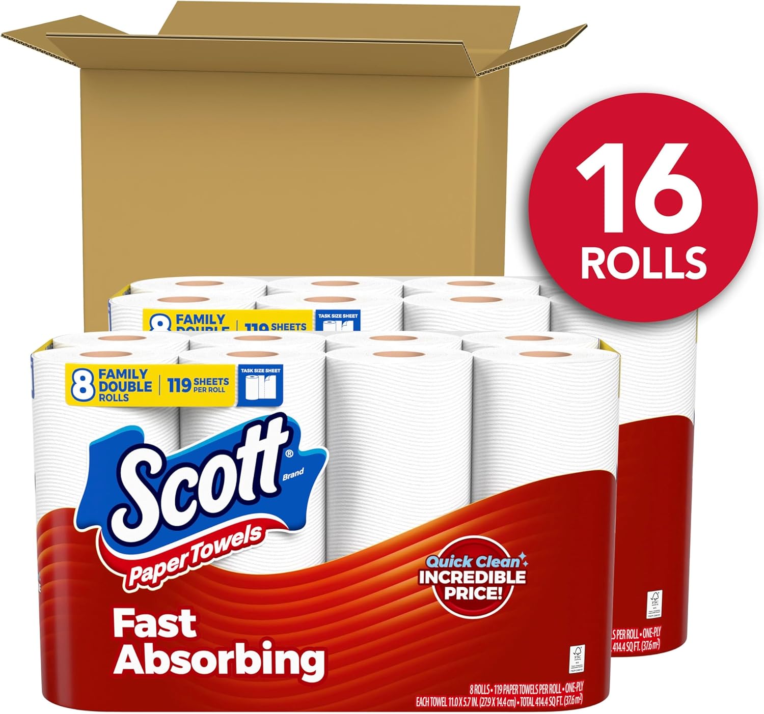 Scott Paper Towels, Task Size, 16 Family Double Rolls (119 Sheets Per Roll)