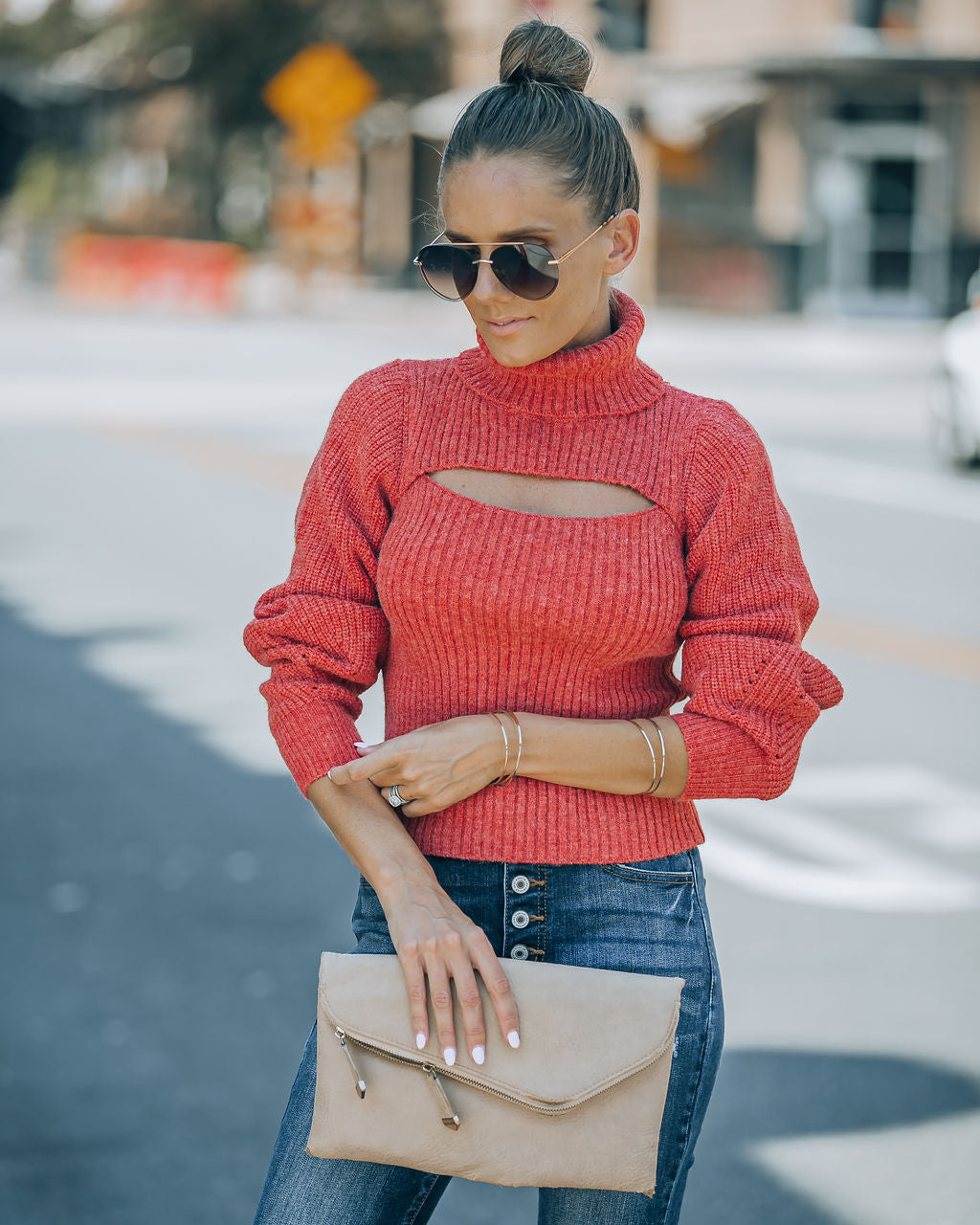 Taking Risks Knit Cutout Turtleneck Sweater - Rust - SALE - Se7enfashion