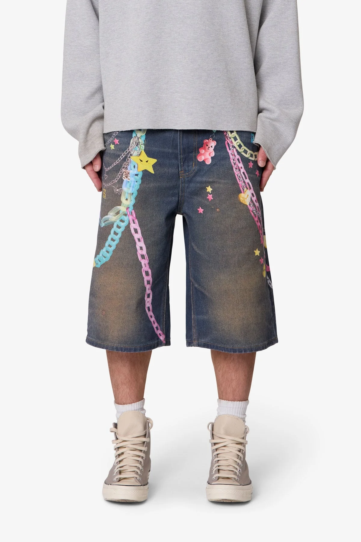 Ultra Baggy Chain Printed Denim Shorts - Blue
